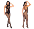 Black fishnet halter crotchless bodystocking with floral lace detailing by mapale 1116