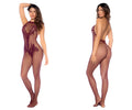 Mapale 1116 halter and crotchless floral bodystocking in cherry is a maroon fishnet bodysuit with lace detailing