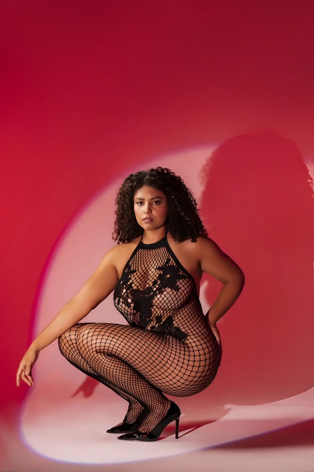 Black mapale 1116x halter and crotchless floral bodystocking with lace detailing in fishnet material