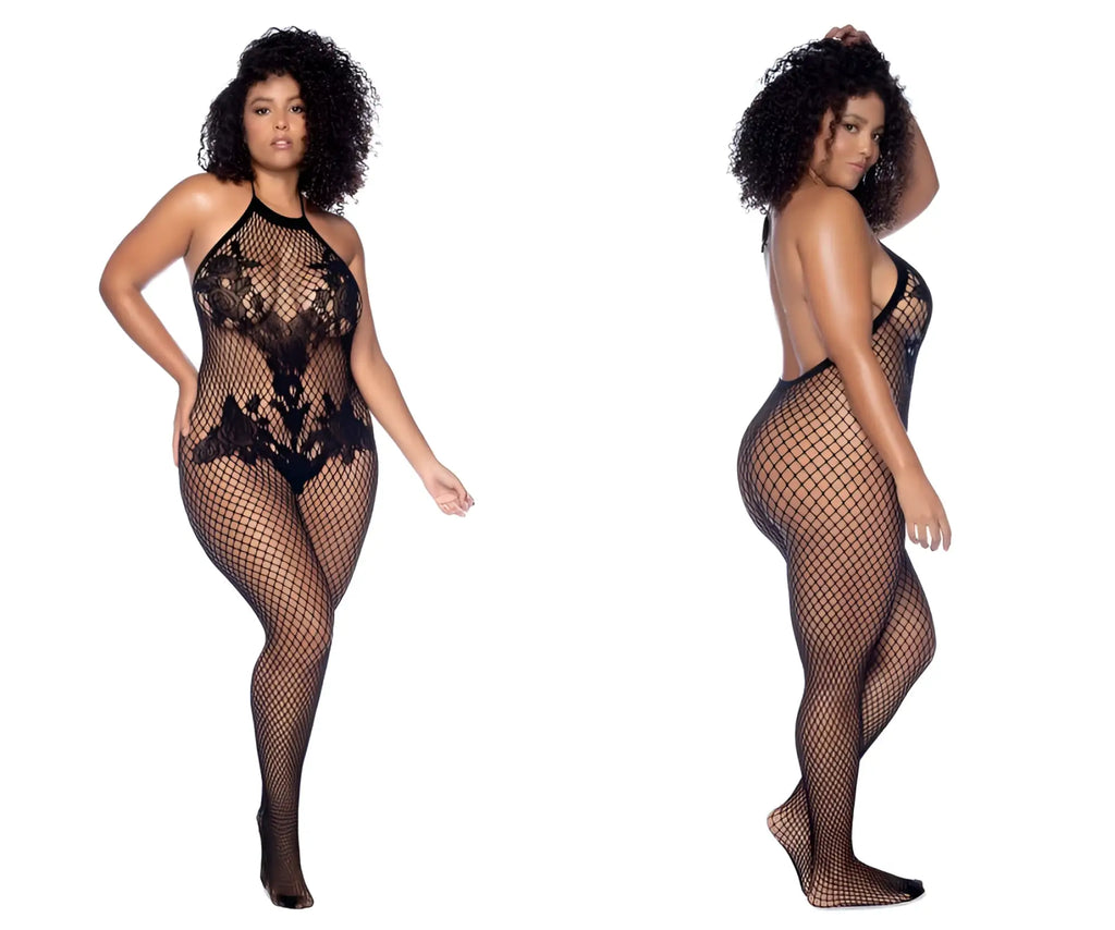 Black lace bodysuit by Mapale with halter neckline fishnet mesh and crotchless floral design in black