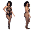 Black lace bodysuit by Mapale with halter neckline fishnet mesh and crotchless floral design in black