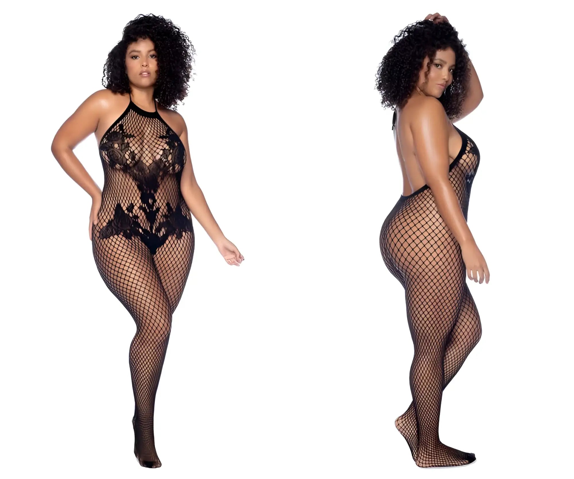 Black lace bodysuit by Mapale with halter neckline fishnet mesh and crotchless floral design in black