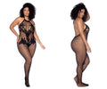Black lace bodysuit by Mapale with halter neckline fishnet mesh and crotchless floral design in black