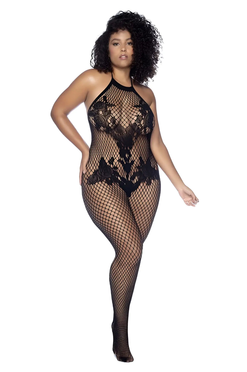 Black lace mesh bodysuit with halter neckline and intricate floral patterns by Mapale 1116X in black color