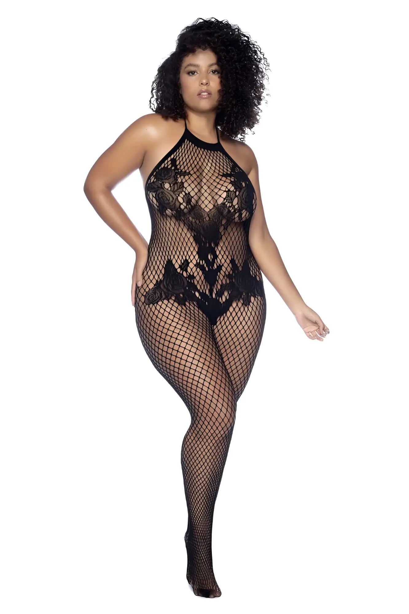 Black lace mesh bodysuit with halter neckline and intricate floral patterns by Mapale 1116X in black color