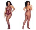 Maroon lace fishnet halter bodysuit with backless design from Mapale 1116X floral crotchless bodystocking cherry color