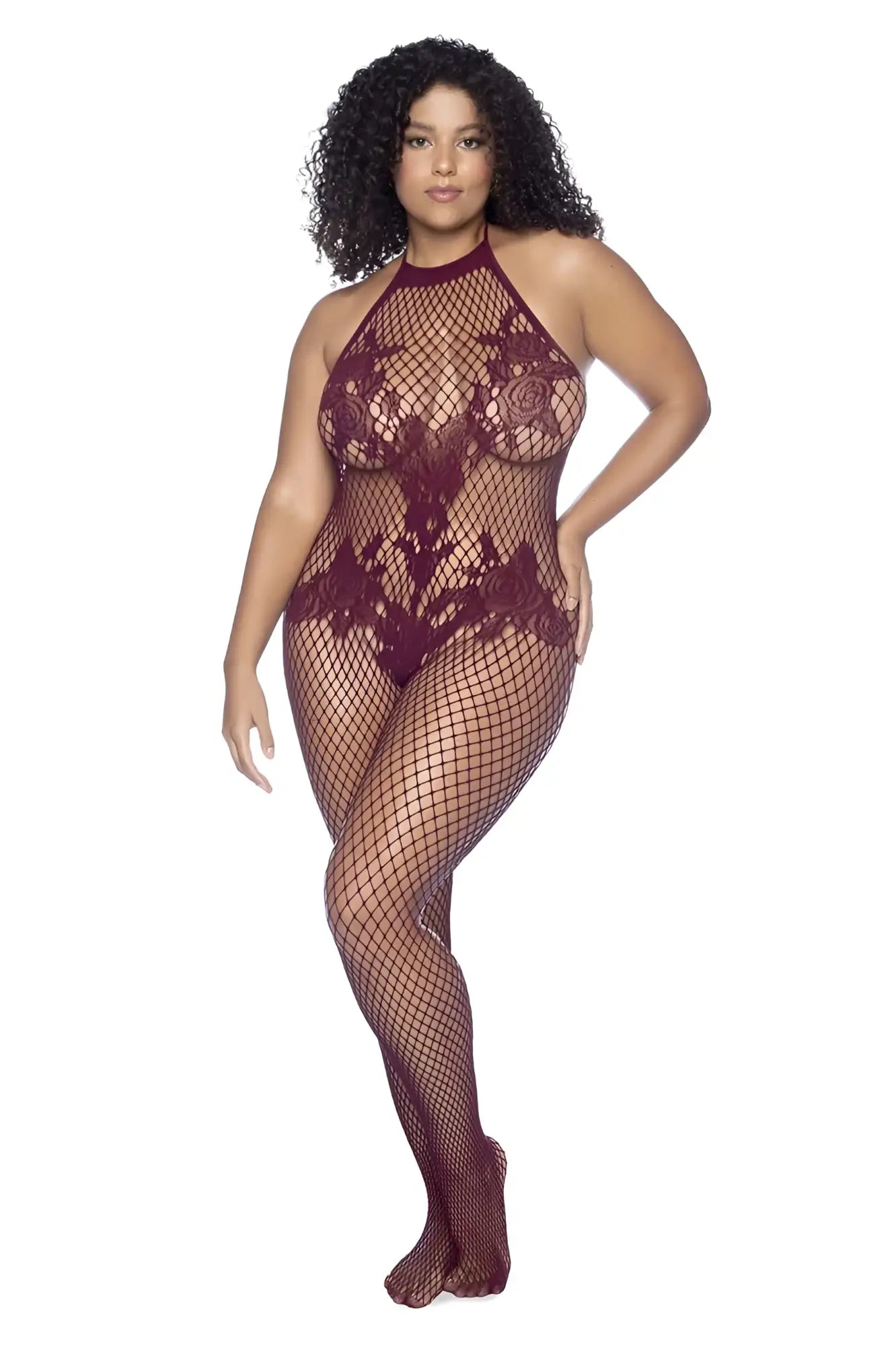 Mapale 1116x cherry halter and crotchless floral bodystocking in maroon lace with fishnet mesh overlay
