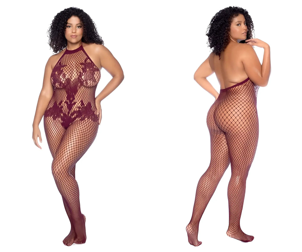 Maroon lace fishnet halter bodysuit with backless design from Mapale 1116X floral crotchless bodystocking cherry color