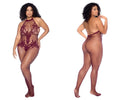 Maroon lace fishnet halter bodysuit with backless design from Mapale 1116X floral crotchless bodystocking cherry color