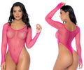 A vibrant neon pink fishnet bodysuit with long sleeves and high-cut leg by Mapale 1119