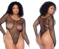 Mapale 1119X long sleeve black fishnet bodysuit with high cut leg design made of sheer mesh material