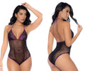 Purple and black fishnet one-piece bodysuit with lace trim by Mapale in a stylish and sexy design