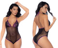 Purple and black fishnet one-piece bodysuit with lace trim by Mapale in a stylish and sexy design