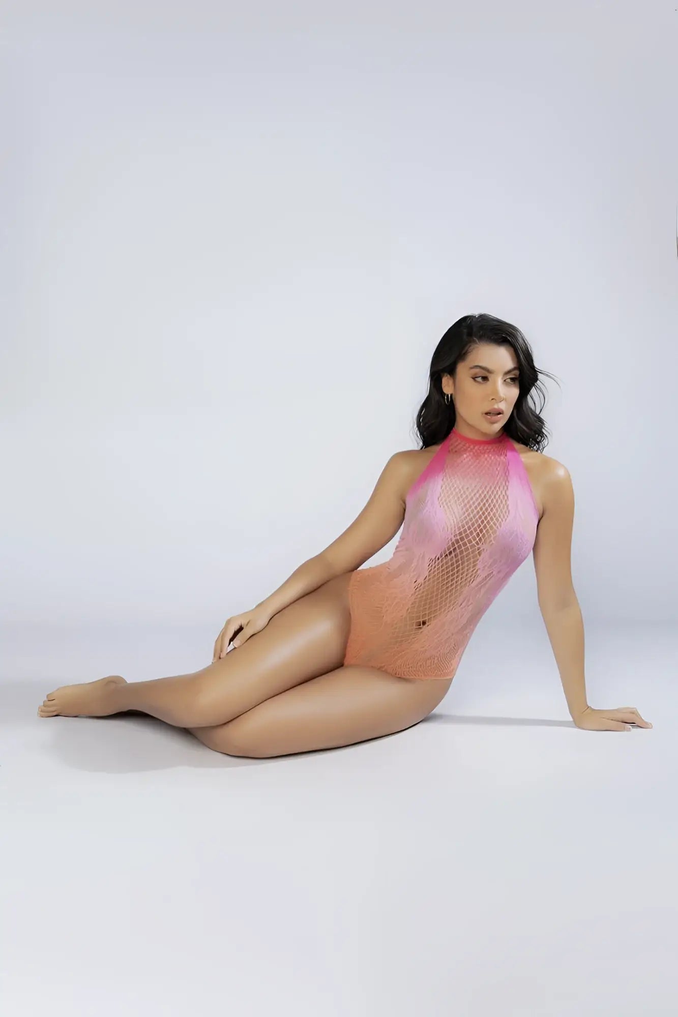 Mapale 1124 floral halter ombre mesh bodysuit in gradient pink and peach with a high neckline color sunset