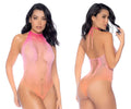 Pink gradient mesh bodysuit with halter neck and tie-back straps from mapale floral ombre collection in sunset color
