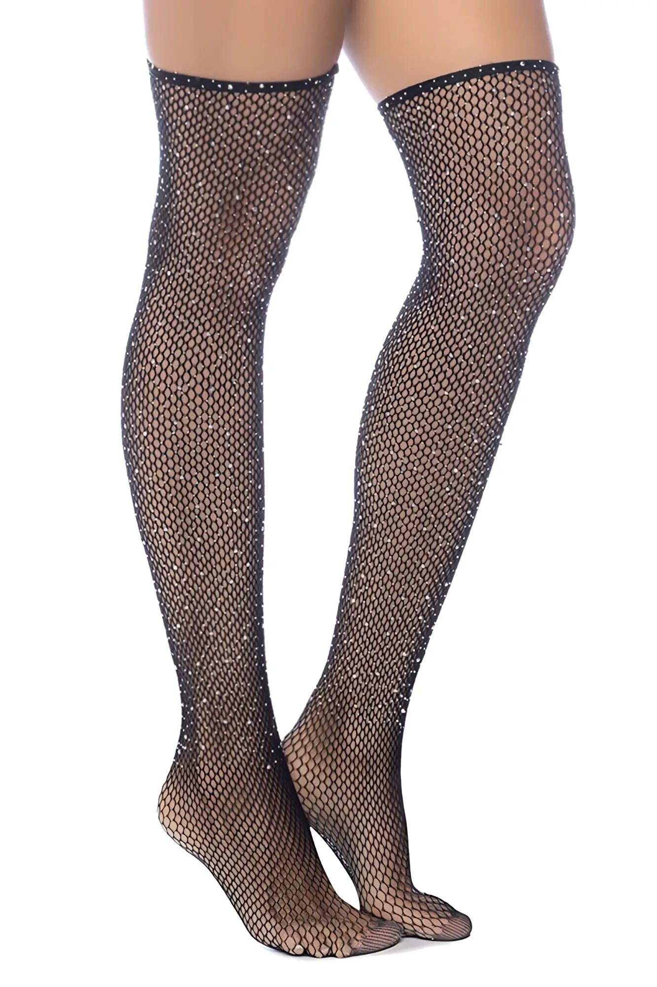Black fishnet thigh high stockings with sparkling rhinestones along the top edge by mapale 1127 diamond fishnet