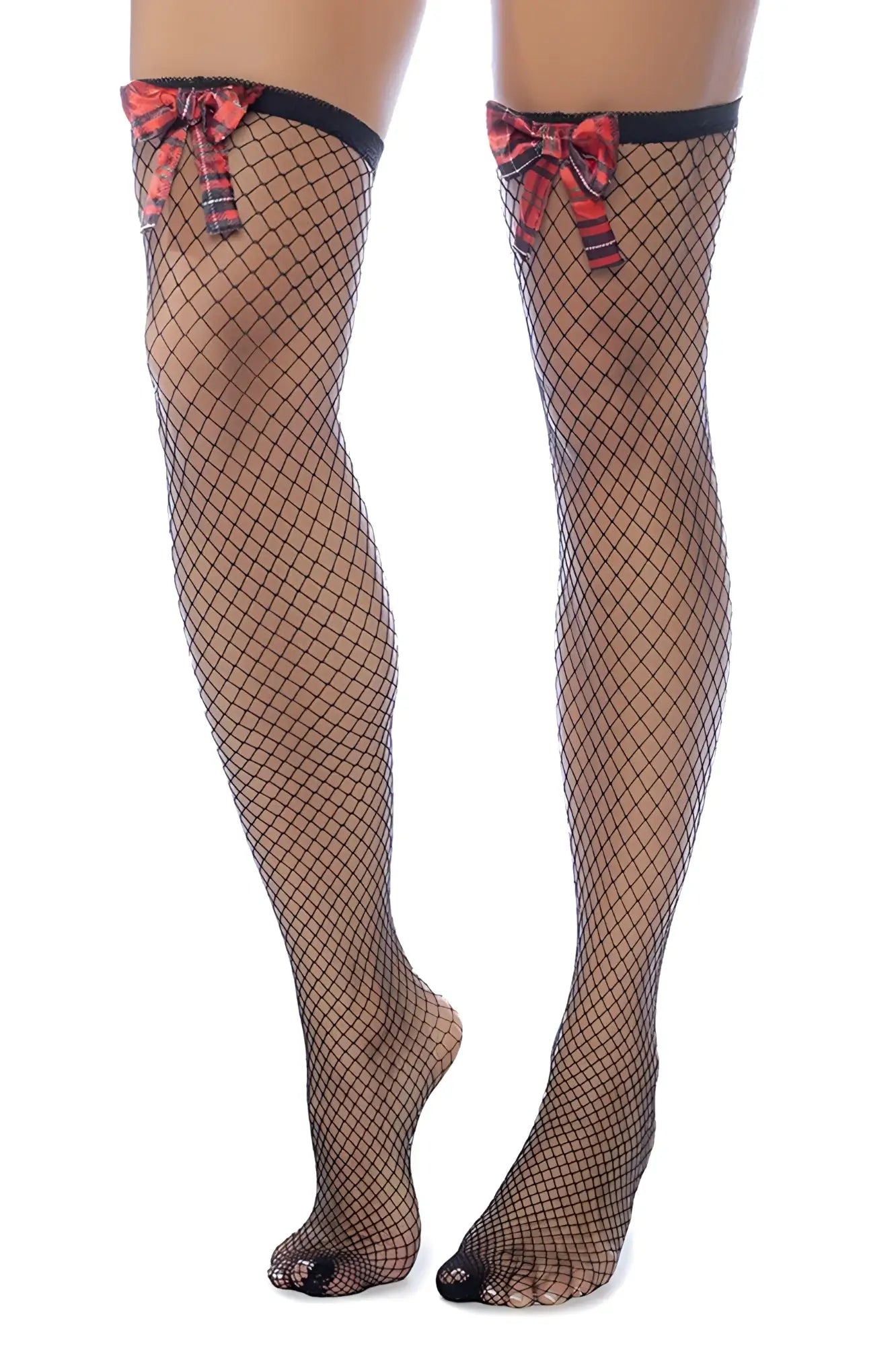 Black fishnet thigh high stockings with red and black plaid bows at top by mapale 1128 diamond fishnet design
