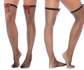 Mapale 1128 diamond fishnet thigh highs feature black fishnet material with red and black plaid bows at the top