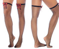 Mapale 1128 diamond fishnet thigh highs feature black fishnet material with red and black plaid bows at the top