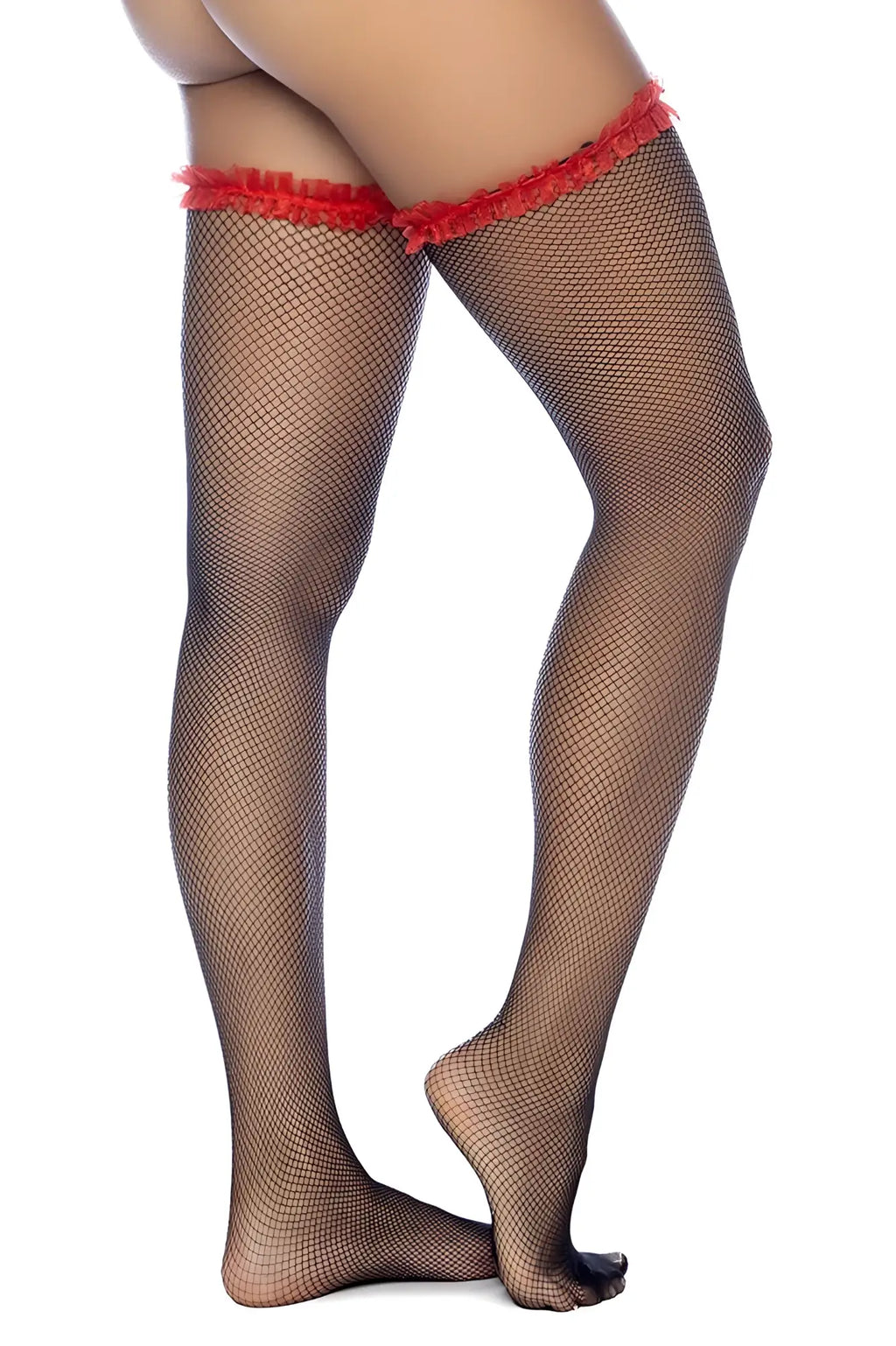 Black fishnet thigh high stockings with red fringed ruffle top edge by mapale 1129