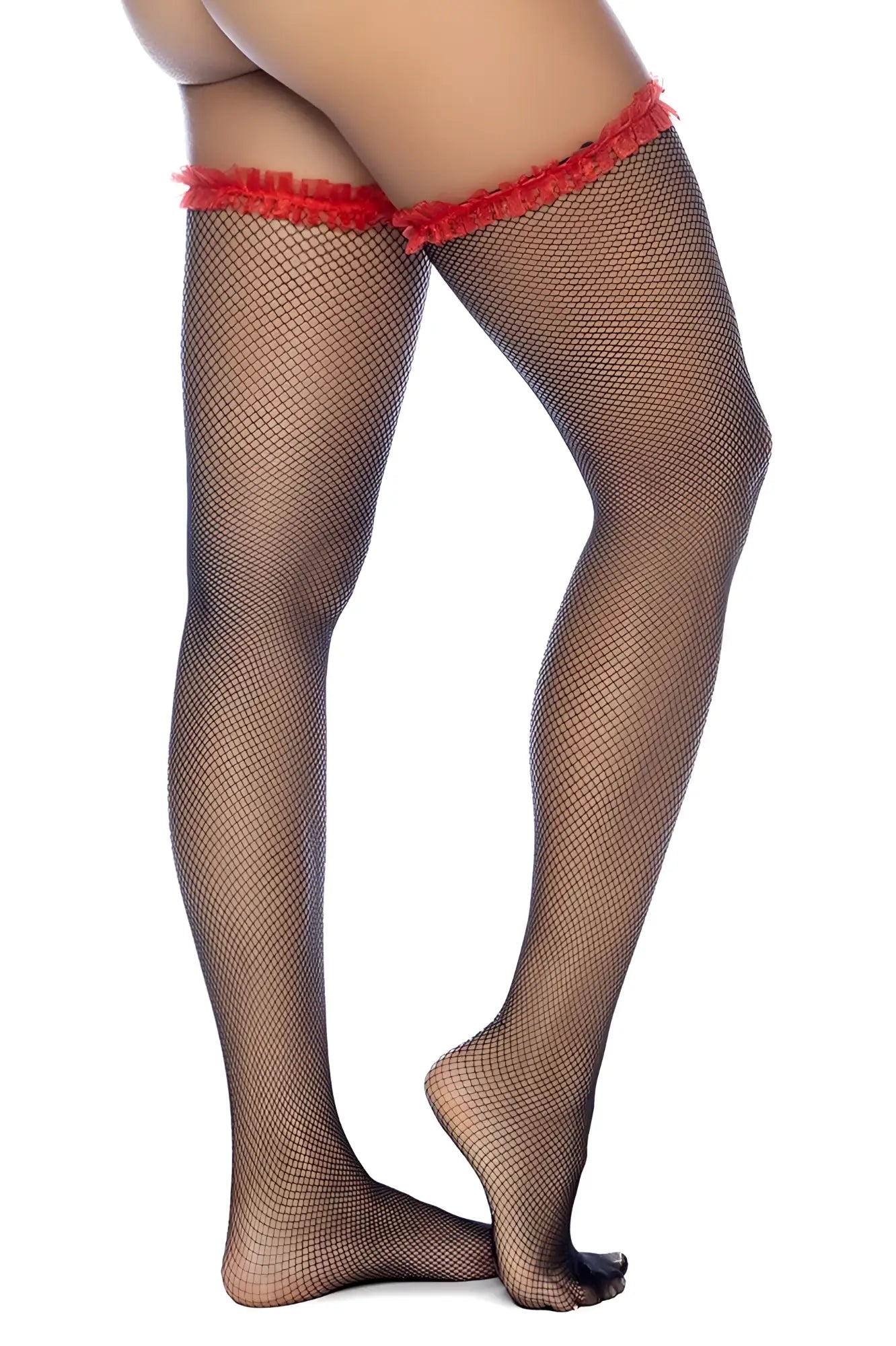 Black fishnet thigh high stockings with red fringed ruffle top edge by mapale 1129