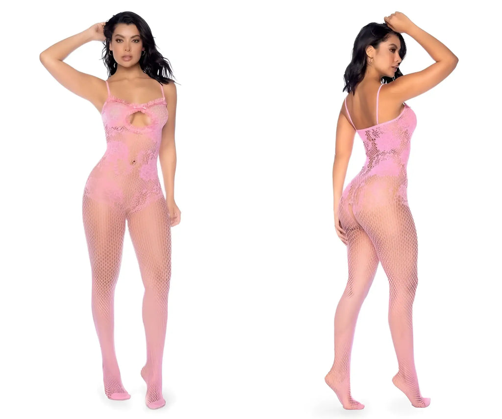 Pink lace bodysuit with mesh overlay and cutout detail from mapale 1130 floral fishnet bodysuit set in bubblegum pink