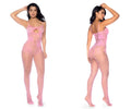 Pink lace bodysuit with mesh overlay and cutout detail from mapale 1130 floral fishnet bodysuit set in bubblegum pink