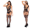 Black lace Mapale 1132 fishnet bodystocking with rhinestones paired with matching fishnet stockings and high heels
