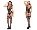 Black lace Mapale 1132 fishnet bodystocking with rhinestones paired with matching fishnet stockings and high heels