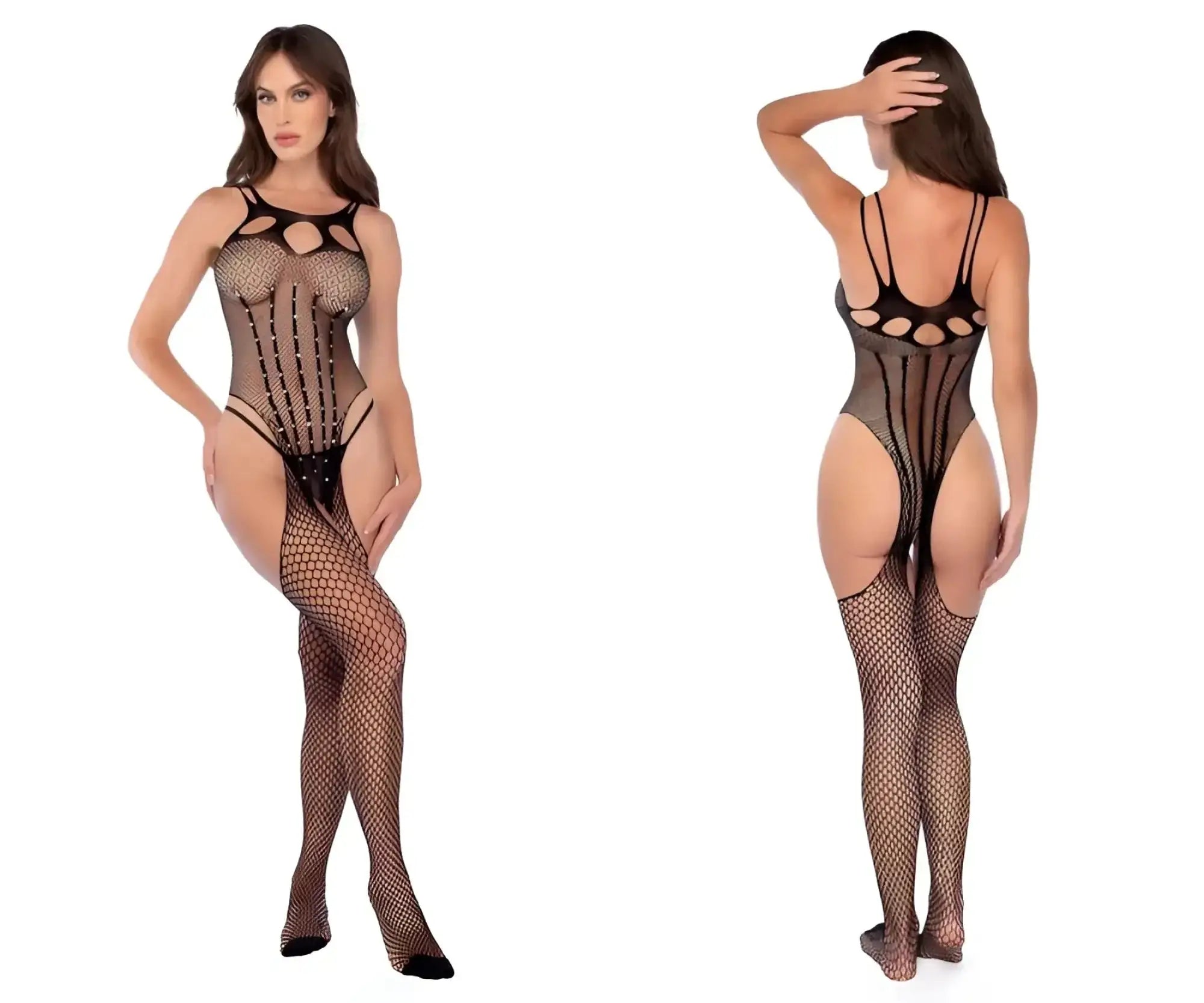 Black fishnet bodysuit with cutout details mesh design and rhinestone accents from mapale 1136 collection
