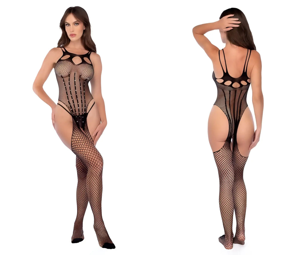 Black fishnet bodysuit with cutout details mesh design and rhinestone accents from mapale 1136 collection