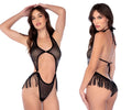 Black sheer mesh bodysuit with rhinestone embellishments and fringe detailing by Mapale model 1137