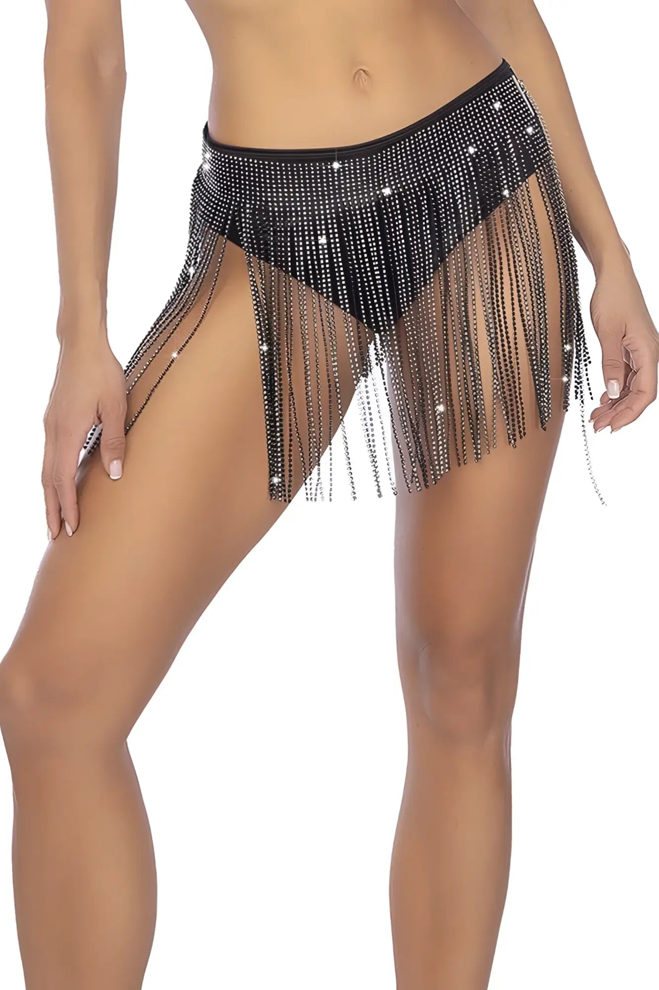 Black beaded fringe skirt with sparkling rhinestones mapale 1138 glam fringe belt in black rhinestone color