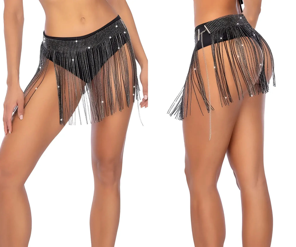 Mapale 1138 black dance skirt with black sequins chain fringe and sparkling rhinestones for glamorous movement