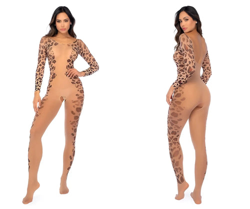 Mapale 1143 long sleeve leopard print mesh bodystocking in sheer leopard print with a backless design shown from back