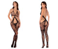 Black lace mapale 1147 floral fishnet bodystocking with intricate floral patterns and halter neckline