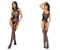 Black lace bodysuit with floral embroidery and fishnet mesh panels from Mapale 1148 rose fishnet bodystocking in black