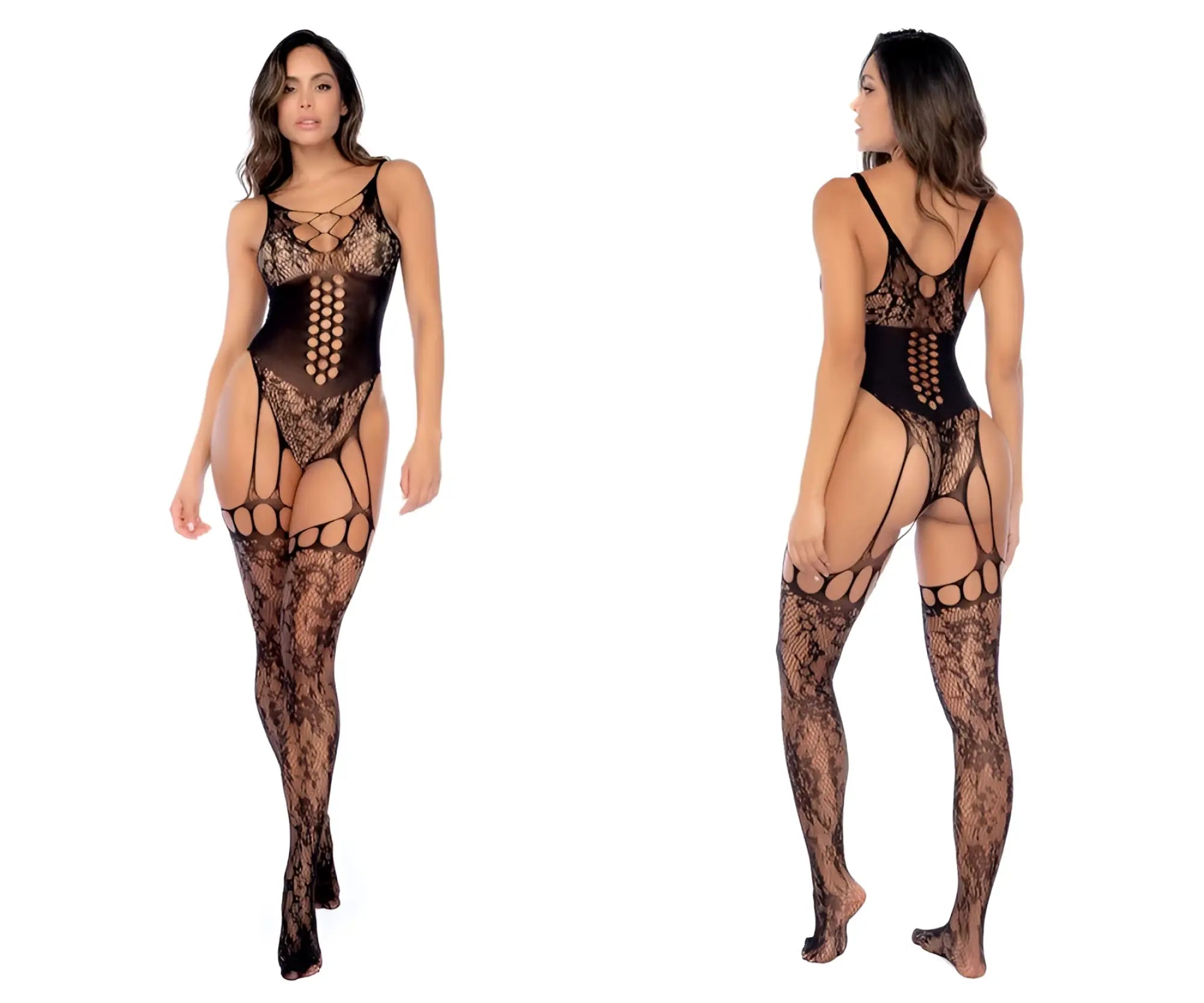 Black lace Mapale 1149 floral cincher fishnet bodystocking with intricate mesh and cut-out detailing