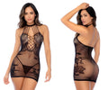 Black lace mesh bodycon dress with intricate floral patterns and halter neckline mapale 1150 rose fishnet chemise black