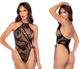 Black lace Mapale 1152 snake halter fishnet bodysuit with snake design and crisscross lacing details in black