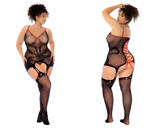 Black fishnet bodysuit with red lace-up detailing and matching thigh-high stockings by mapale for bold lingerie looks