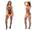 Mapale 1154 snake fishnet bodysuit in black with red trim and lace detailing showcasing front design
