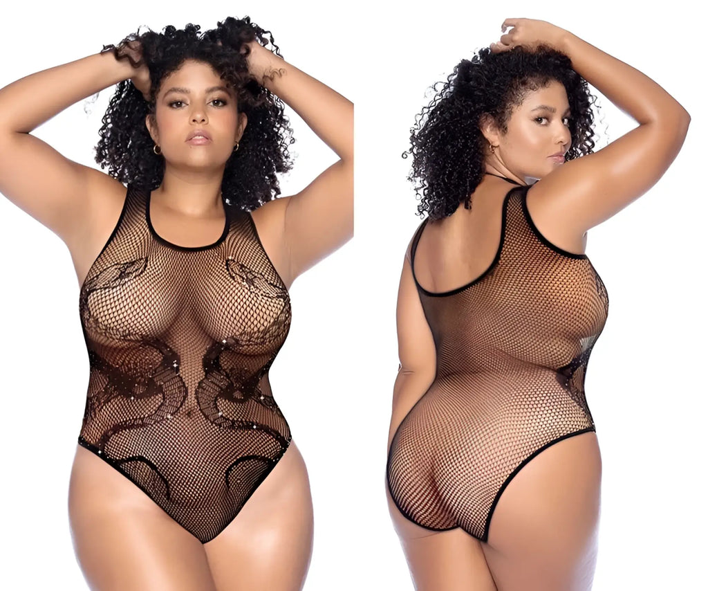 Black Mapale 1155X snake fishnet bodysuit with lace and sequin rhinestone detailing in sheer material
