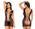 Black mesh bodycon dress with lace-up front and back details from mapale 1157 cutout fishnet chemise color black back view