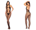 Black fishnet bodysuit with lace-up front halter neck design by Mapale 1158 open fishnet bodystocking