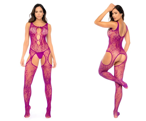 A vibrant pink orchid lace bodystocking with floral fishnet pattern cut-out details by Mapale 1160
