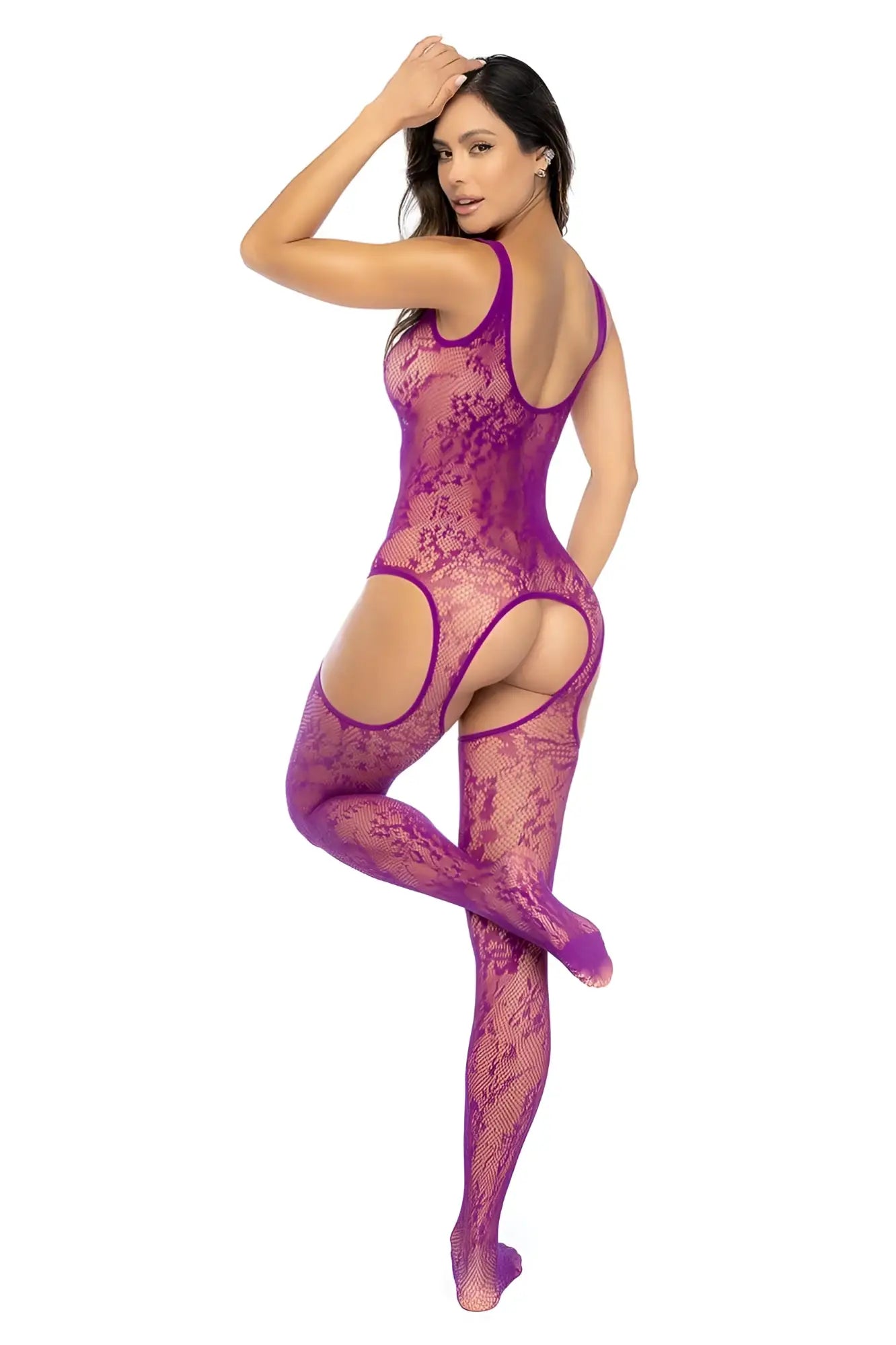 A vibrant pink orchid lace bodystocking by Mapale with floral fishnet pattern and hip cut-out details