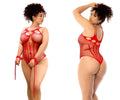 Red mapale 1163x fishnet bodystocking with rhinestone detail cuffs cut out and tied side strings mesh bodysuit