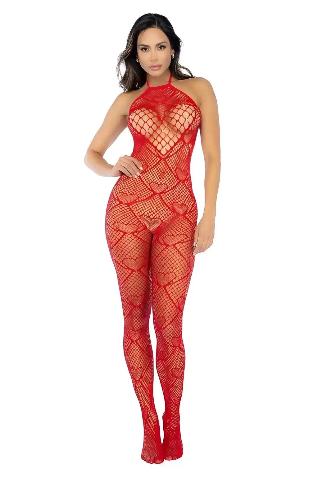 Red heart-patterned mesh bodysuit with halter neckline and rhinestone detail by mapale in red color