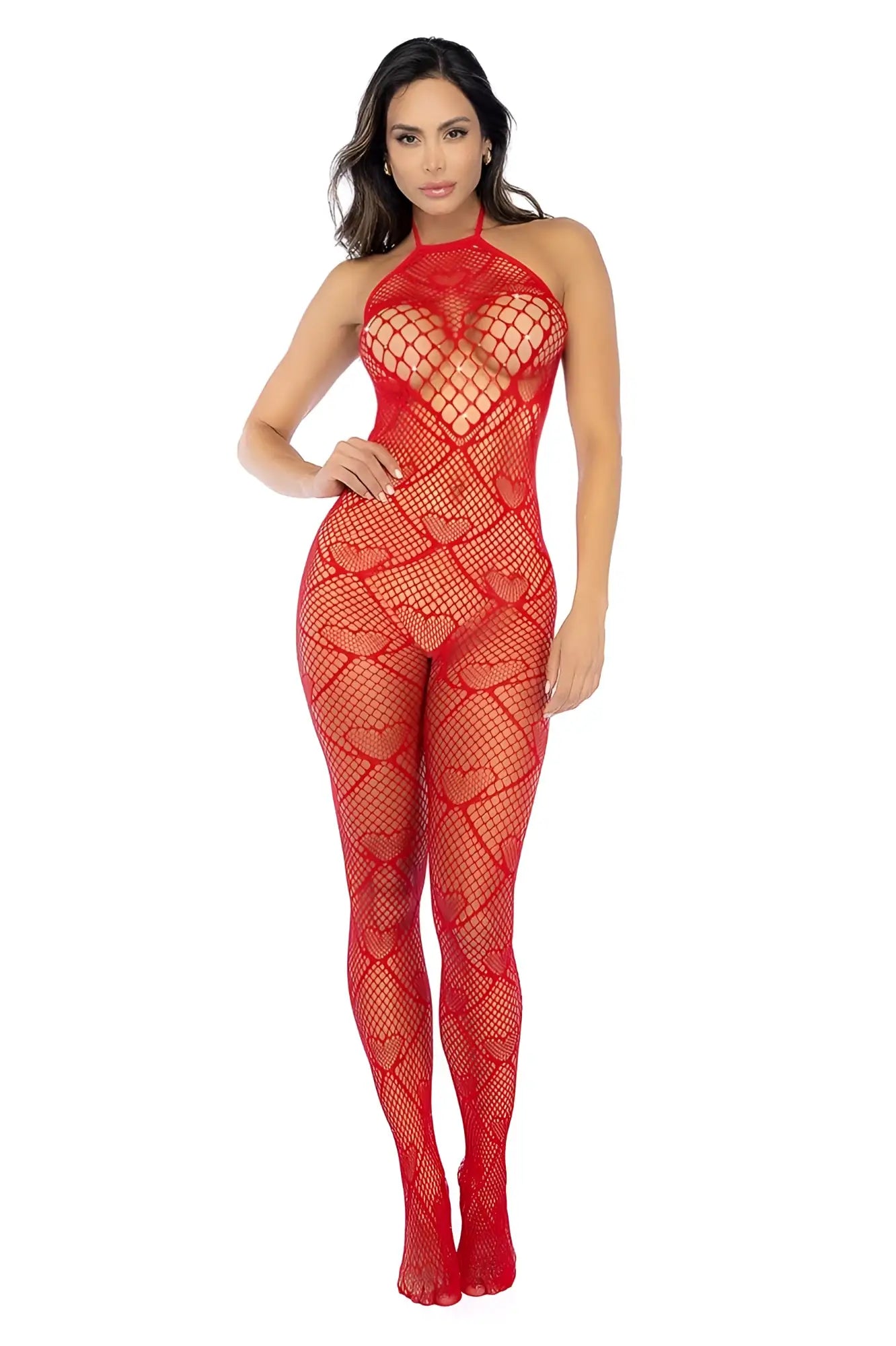 Red heart-patterned mesh bodysuit with halter neckline and rhinestone detail from mapale 1164 in red color